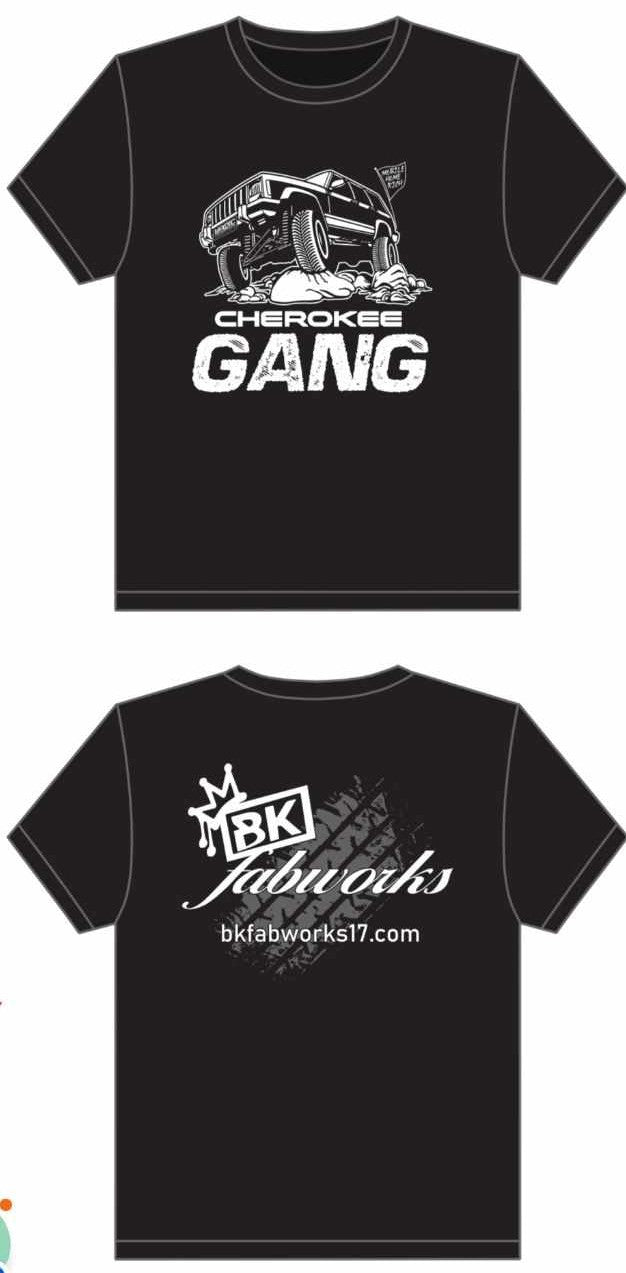 Black BKFabworks Cherokee Gang t-shirt featuring a lifted Jeep XJ on the front and BK Fabworks logo with tire tread and website on the back