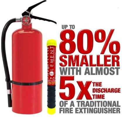 Element E50 fire extinguisher shown next to traditional extinguisher – 80% smaller with 5x longer discharge time for UTV, Jeep, and off-road use