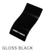 Gloss Black powder coat sample by Prismatic Powders shown on a curved metal panel