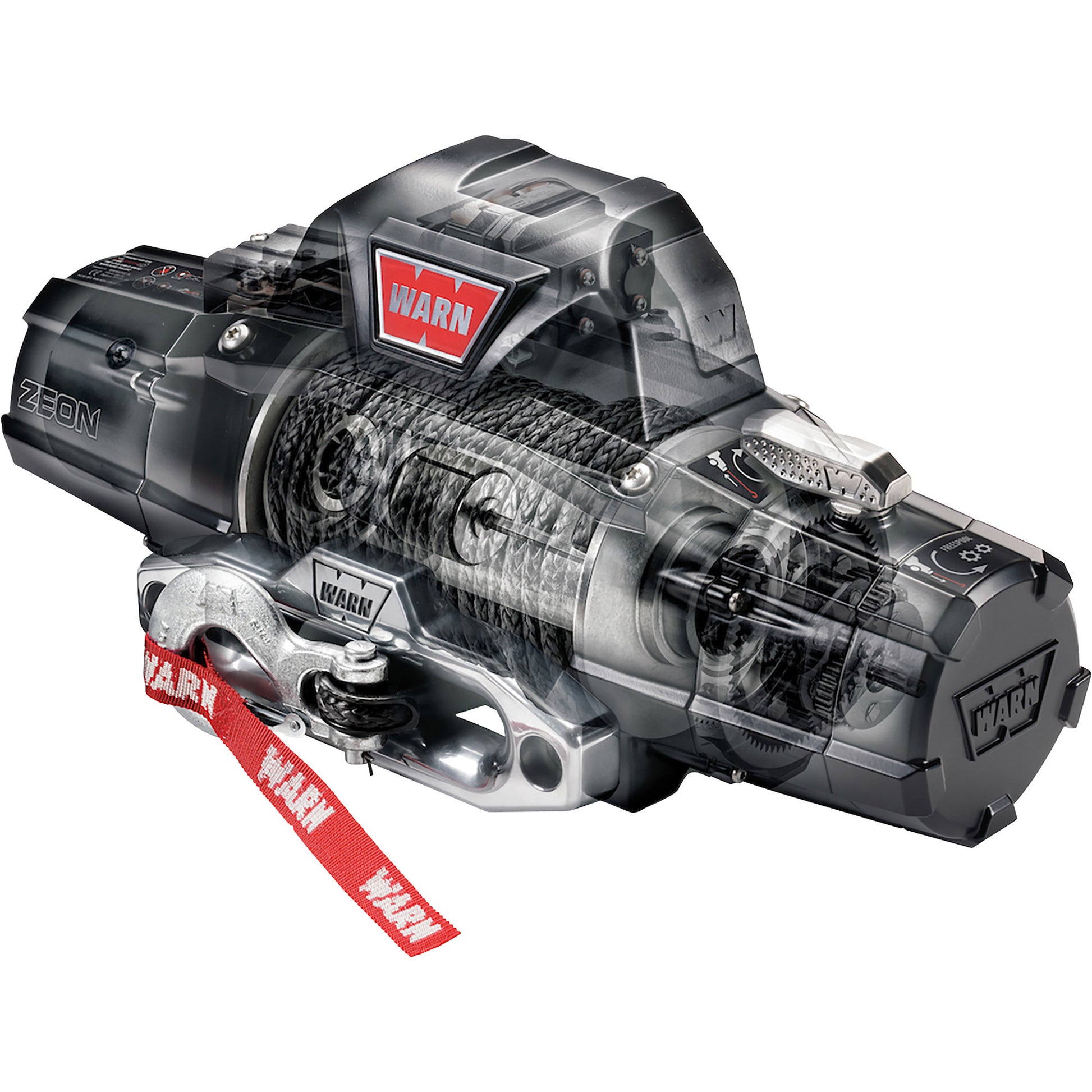 Warn Zeon 10,000 lb winch with Spydura synthetic rope and cutaway view showing internal gear and drum design