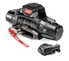 Warn Zeon 10,000 lb winch with synthetic rope and wireless remote control, black housing and red Warn strap.
