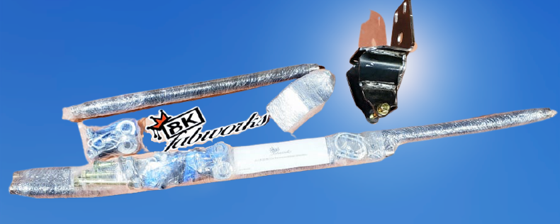BKFabworks wrapped steering and track bar upgrade kit for Jeep XJ, MJ, ZJ with mounting bracket on blue background