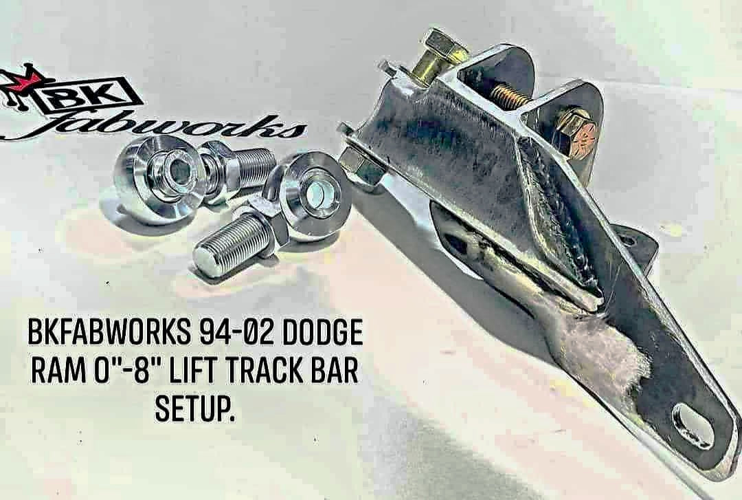 BKFabworks 94–02 Dodge Ram 0–8 inch lift heavy-duty track bar kit with heim joints and weld-on bracket