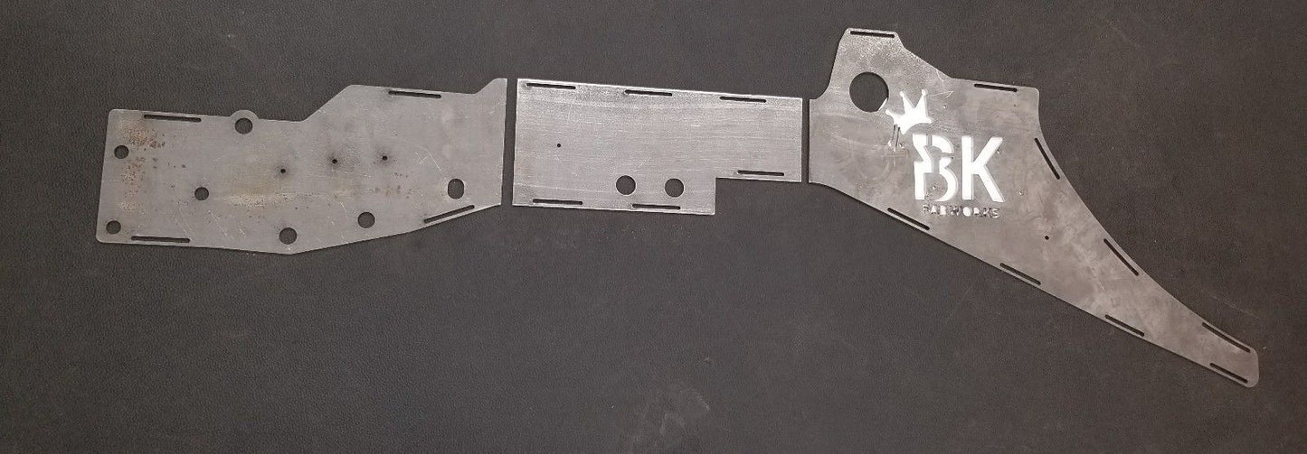 Complete BKFabworks front frame stiffener kit for Jeep Cherokee XJ or Comanche MJ. Weld-on 3-piece system with laser-cut plug weld slots and BK branding
BKFabworks Jeep XJ MJ front frame stiffeners – unibody reinforcement plates