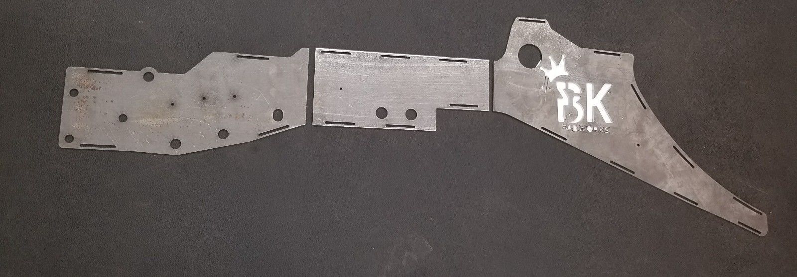 Complete BKFabworks front frame stiffener kit for Jeep Cherokee XJ or Comanche MJ. Weld-on 3-piece system with laser-cut plug weld slots and BK branding
BKFabworks Jeep XJ MJ front frame stiffeners – unibody reinforcement plates