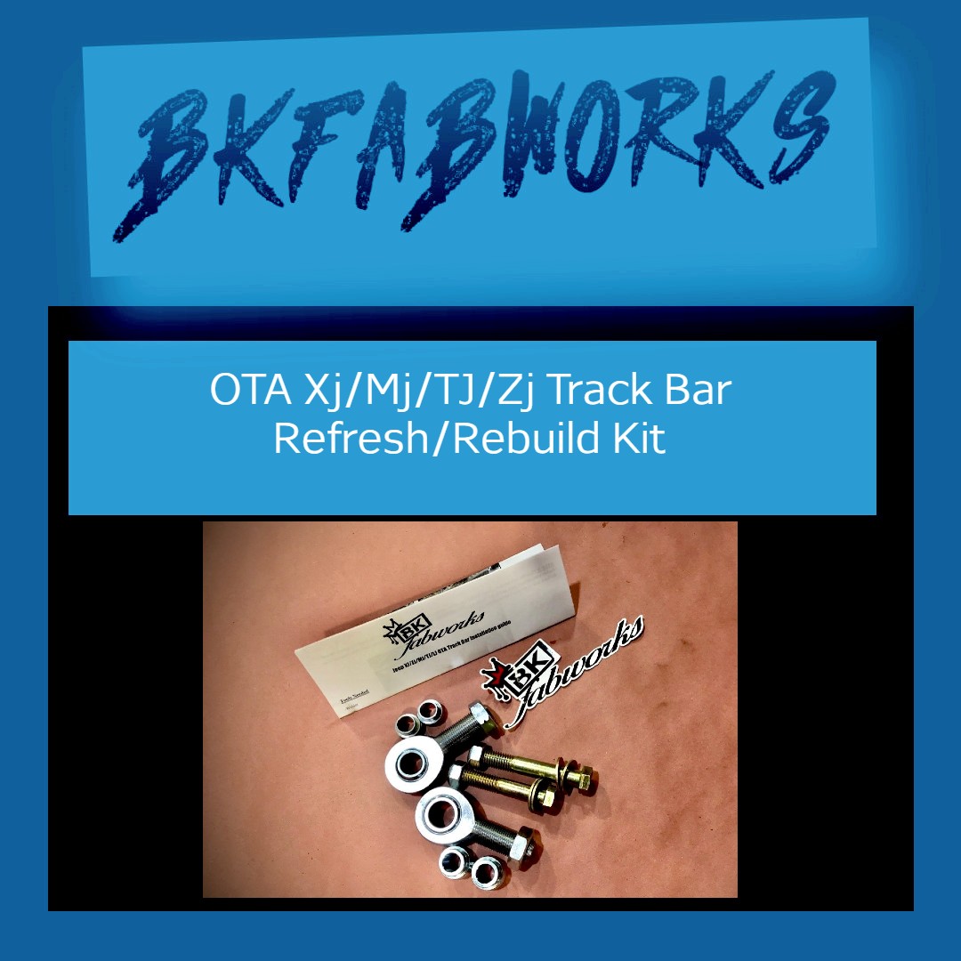 BKFabworks OTA track bar refresh and rebuild kit for Jeep XJ, MJ, TJ, and ZJ with heim joints, hardware, and spacers on display with branding