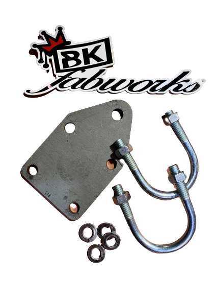 BKFabworks steering stabilizer mount kit with U-bolts, flat bracket, washers, and BK logo. Universal-style mounting for suspension or steering upgrades