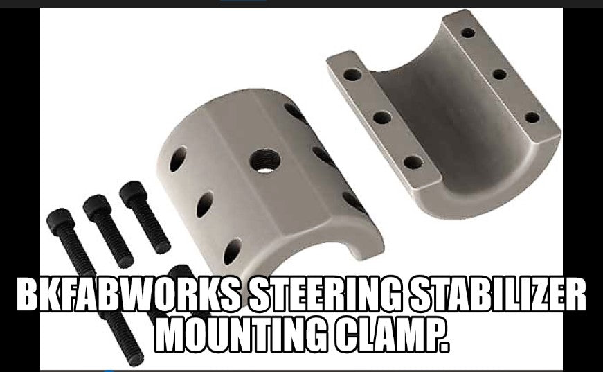 BKFabworks steering stabilizer mounting clamp with hardware, featuring a billet aluminum split clamp design for secure steering damper installation