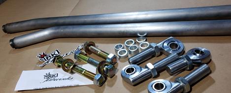 BKFabworks heavy-duty steering upgrade kit for 2003–2008 Dodge Ram 1500, 2500, and 3500 with DOM tubing, heim joints, bolts, and spacers