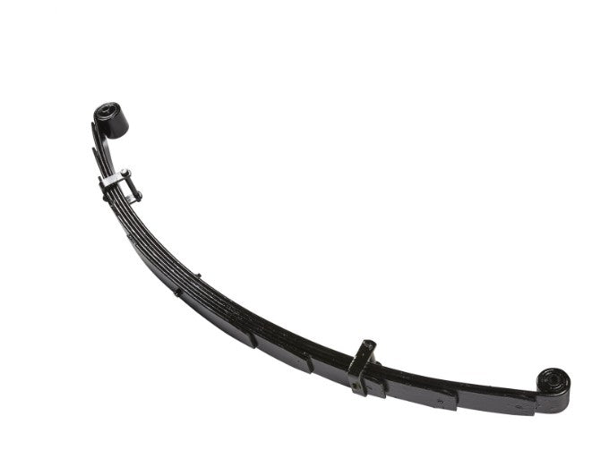 Angled view of Rubicon Express RE1463 rear leaf spring for 1984–2001 Jeep Cherokee XJ, 3.5-inch lift, multi-leaf construction with factory-style bushings