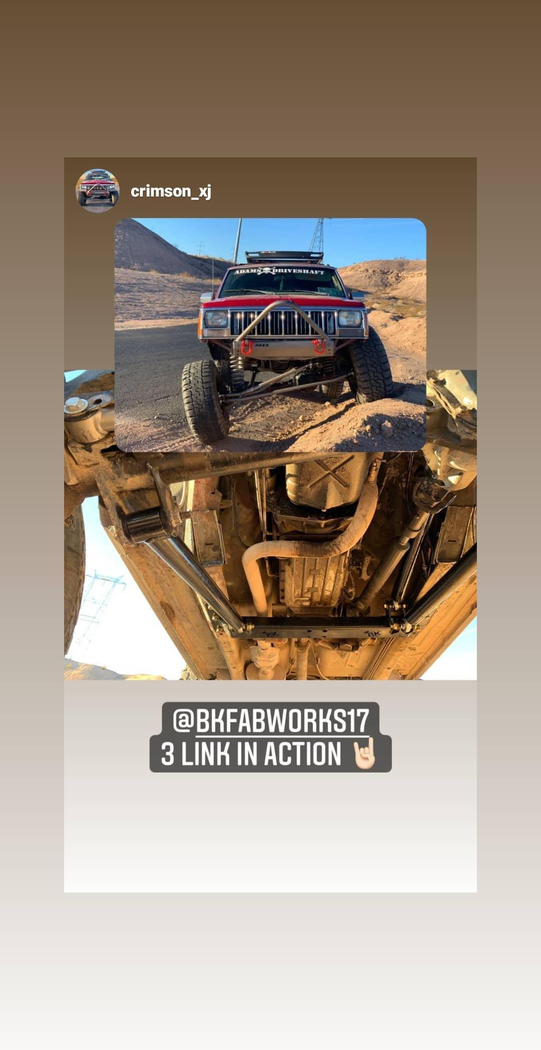 BKFabworks 3-link suspension system in action on Jeep Cherokee XJ, with off-road front view and underbody shot showing installed long arms and crossmember