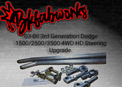 BKFabworks 03–08 Dodge Ram 1500, 2500, 3500 4WD Heavy-Duty Steering Upgrade Kit featuring tie rods, heims, and hardware on custom brick background with logo