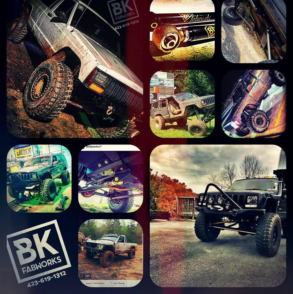 BKFabworks customer builds collage featuring lifted Jeep Cherokee XJs with custom suspension, steering kits, and off-road fabrication components
