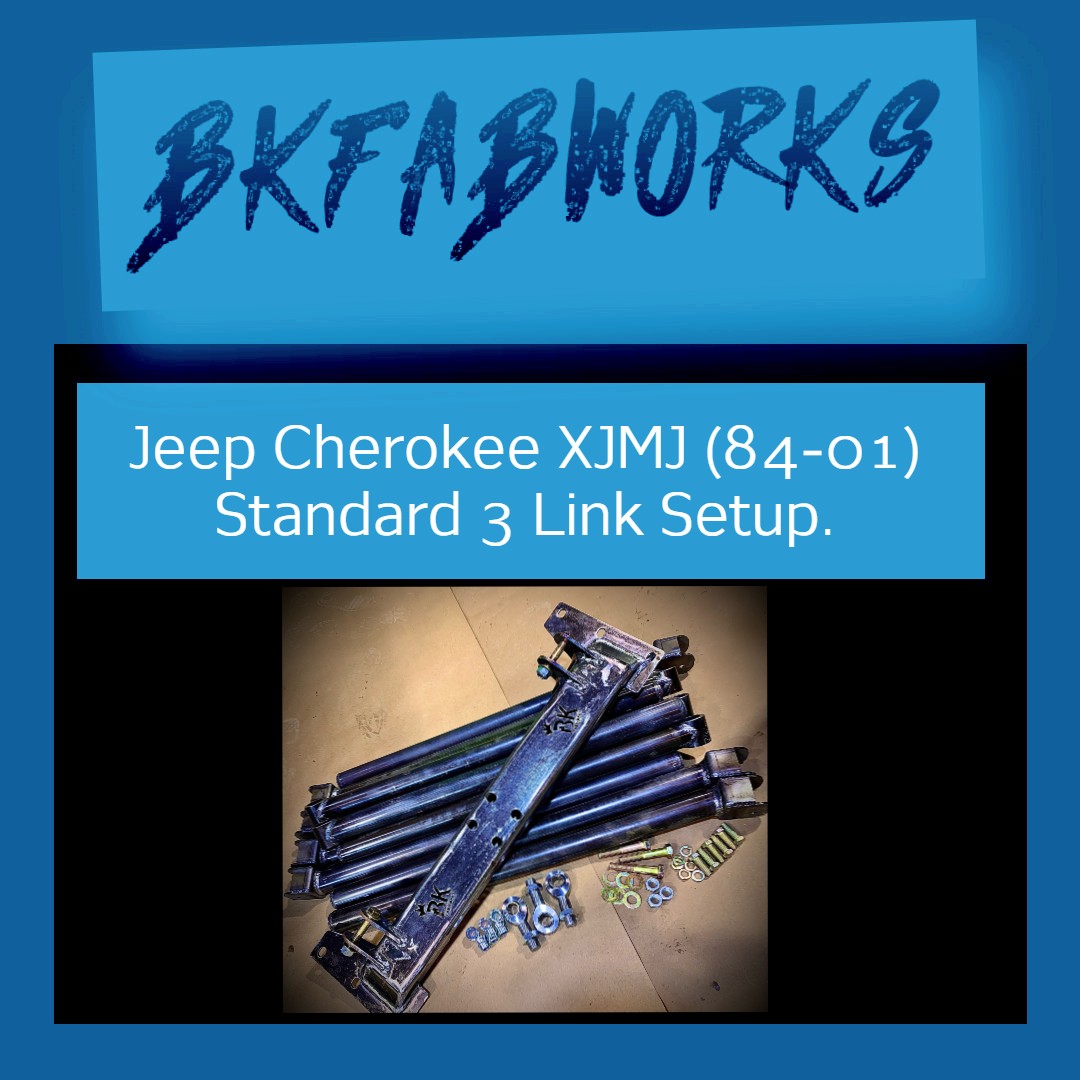 BKFabworks Jeep Cherokee XJ MJ (1984–2001) standard 3-link suspension kit with powder-coated control arms, brackets, and hardwar