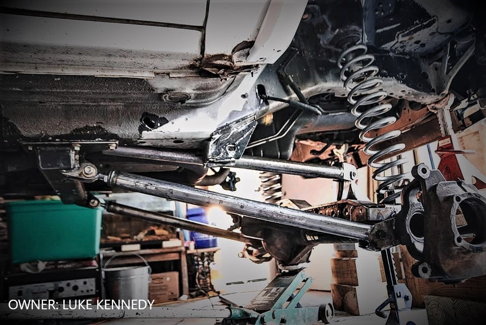 BKFabworks 3-link suspension installed on Jeep Cherokee XJ during mock-up phase, showing unibody frame tie-ins, coil springs, and link geometry – Owner: Luke Kennedy