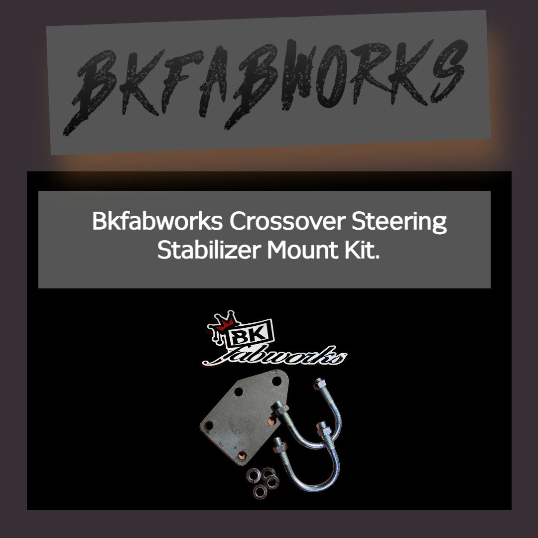 BKFabworks crossover steering stabilizer mount kit with U-bolts, bracket plate, and logo branding. Universal fit for heavy-duty steering upgrades