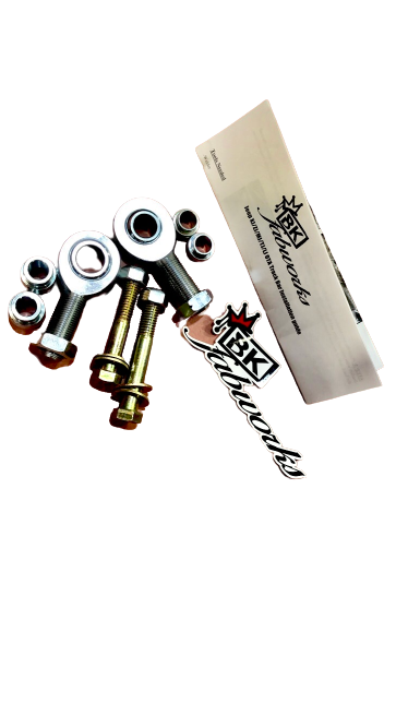 BKFabworks OTA track bar rebuild kit with heim joints, bolts, and branding on transparent background for Jeep XJ, MJ, TJ, and ZJ