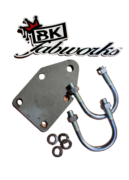 BKFabworks steering stabilizer mount kit with U-bolts, flat bracket, washers, and BK logo. Universal-style mounting for suspension or steering upgrades