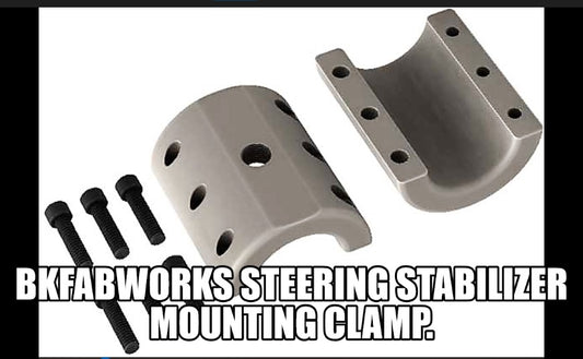 BKFabworks steering stabilizer mounting clamp with hardware, featuring a billet aluminum split clamp design for secure steering damper installation