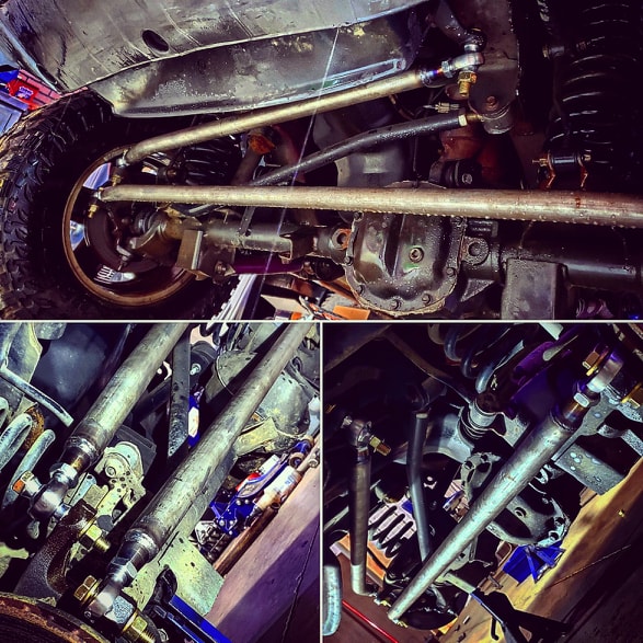BKfabworks heavy-duty 3-link suspension and steering upgrade installed on Jeep WJ with custom heim joints and DOM tubing BKFabworks HD Steering Kit for 1999–2004 Jeep Grand Cherokee
